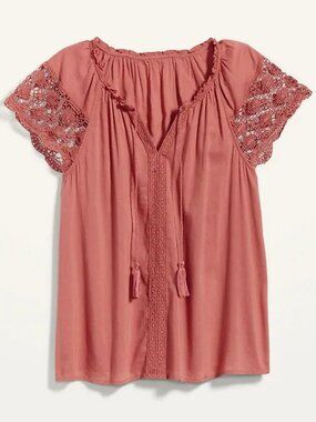 Excellent Condition, SZ L, Old Navy, Crochet Lace Trimmed Top, Dusty Coral